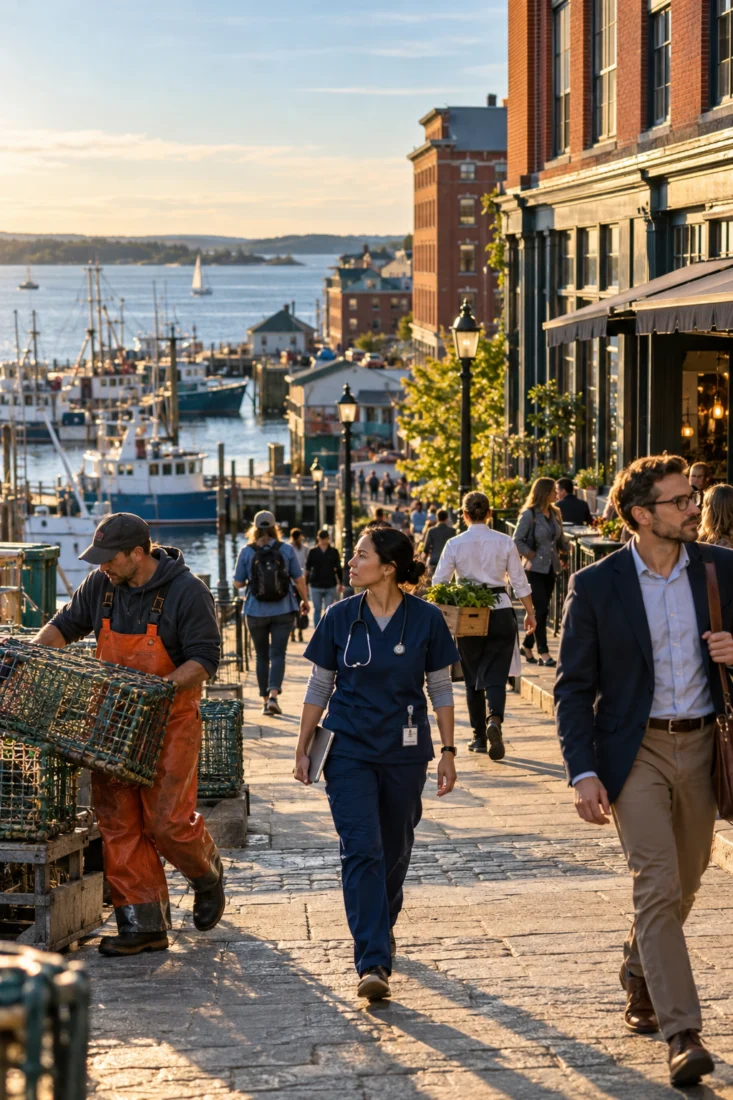 Fishing and healthcare workers on a Portland wharf