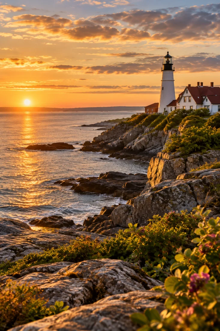 Maine lighthouse on a rocky coast at sunset