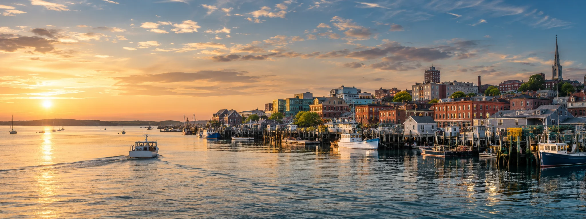 Portland harbor and waterfront at sunrise, where DevSolutionsAI provides AI services in Maine