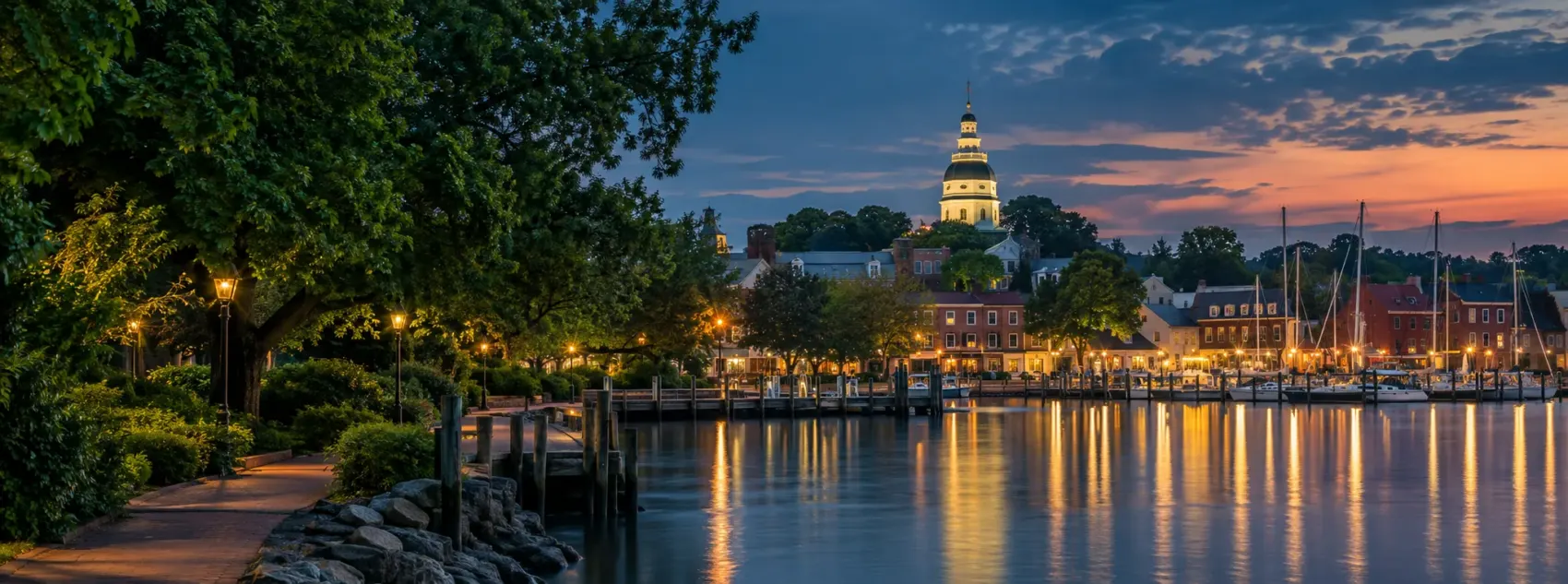 Baltimore harbor lights at night