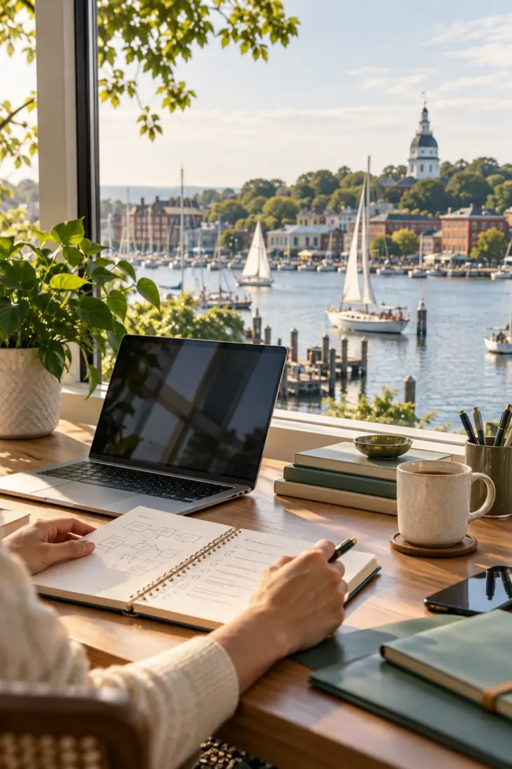 Laptop on a desk overlooking an Annapolis marina