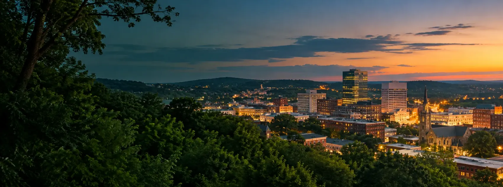 Massachusetts city lights at dusk