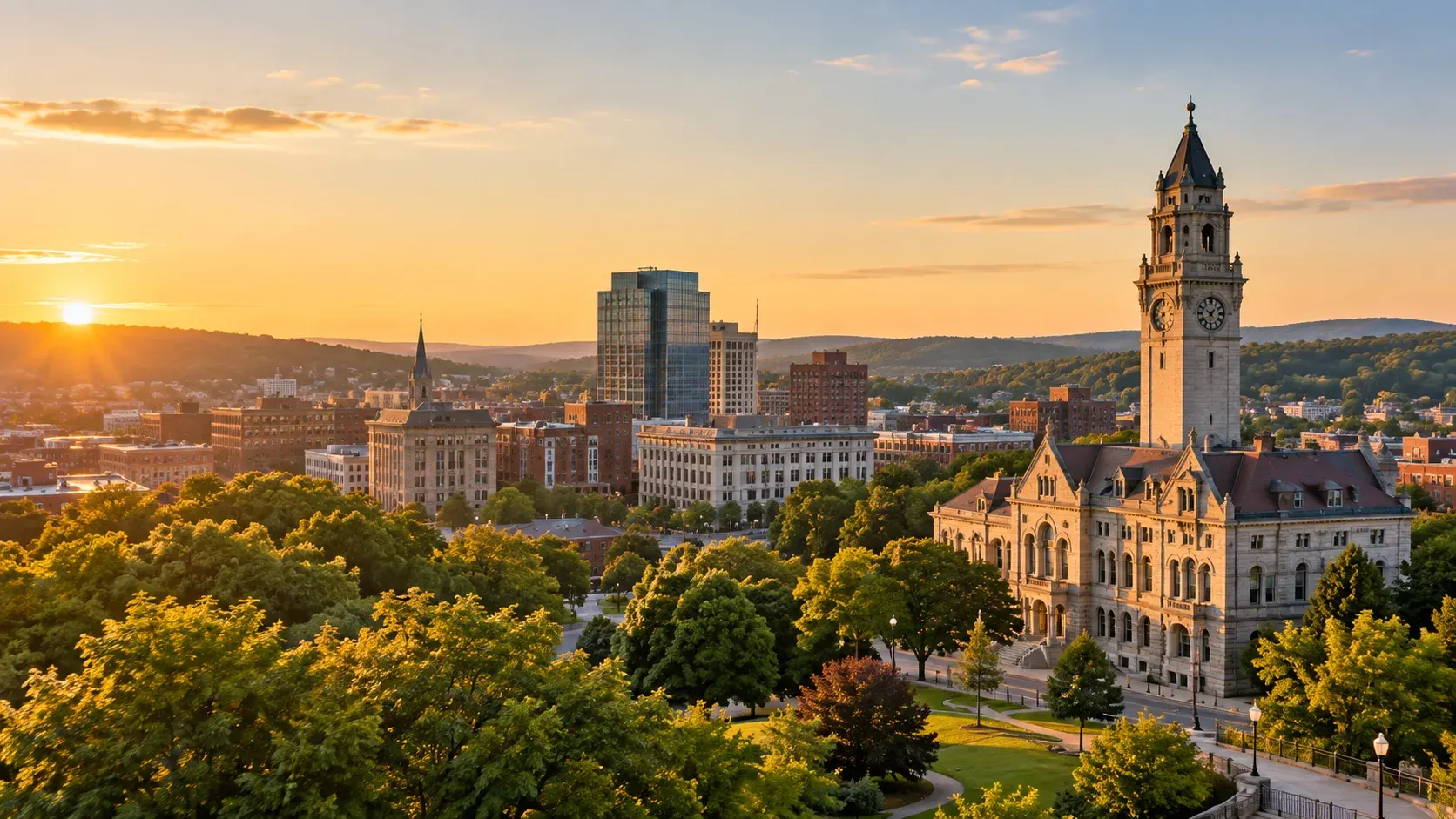 Massachusetts city skyline at sunset, where DevSolutionsAI provides AI services in Massachusetts