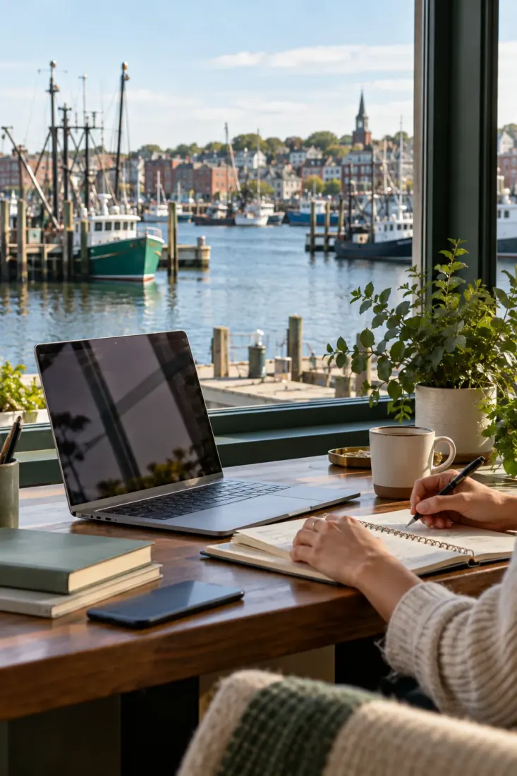 Laptop on a desk overlooking a fishing harbor