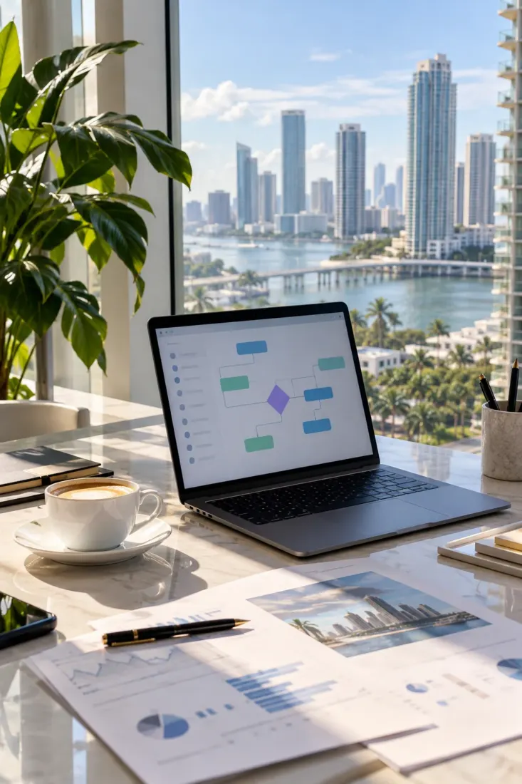 Laptop on a desk overlooking Biscayne Bay