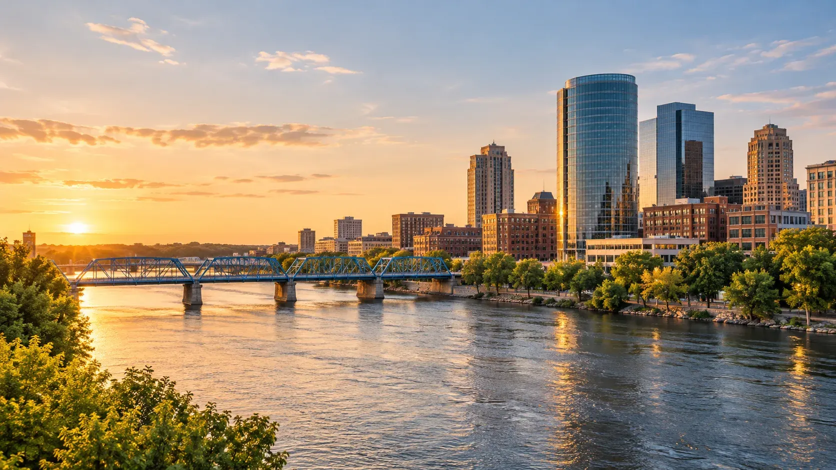 Michigan city skyline on the river at sunset, where DevSolutionsAI provides AI services in Michigan