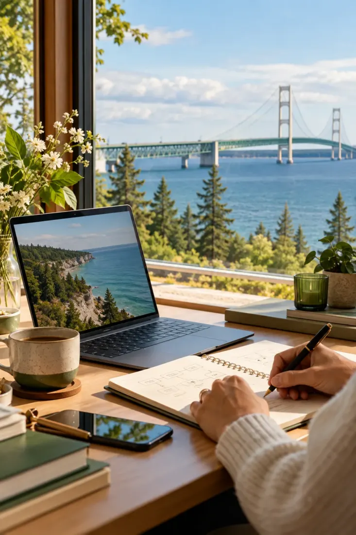Laptop on a desk with the Mackinac Bridge in view