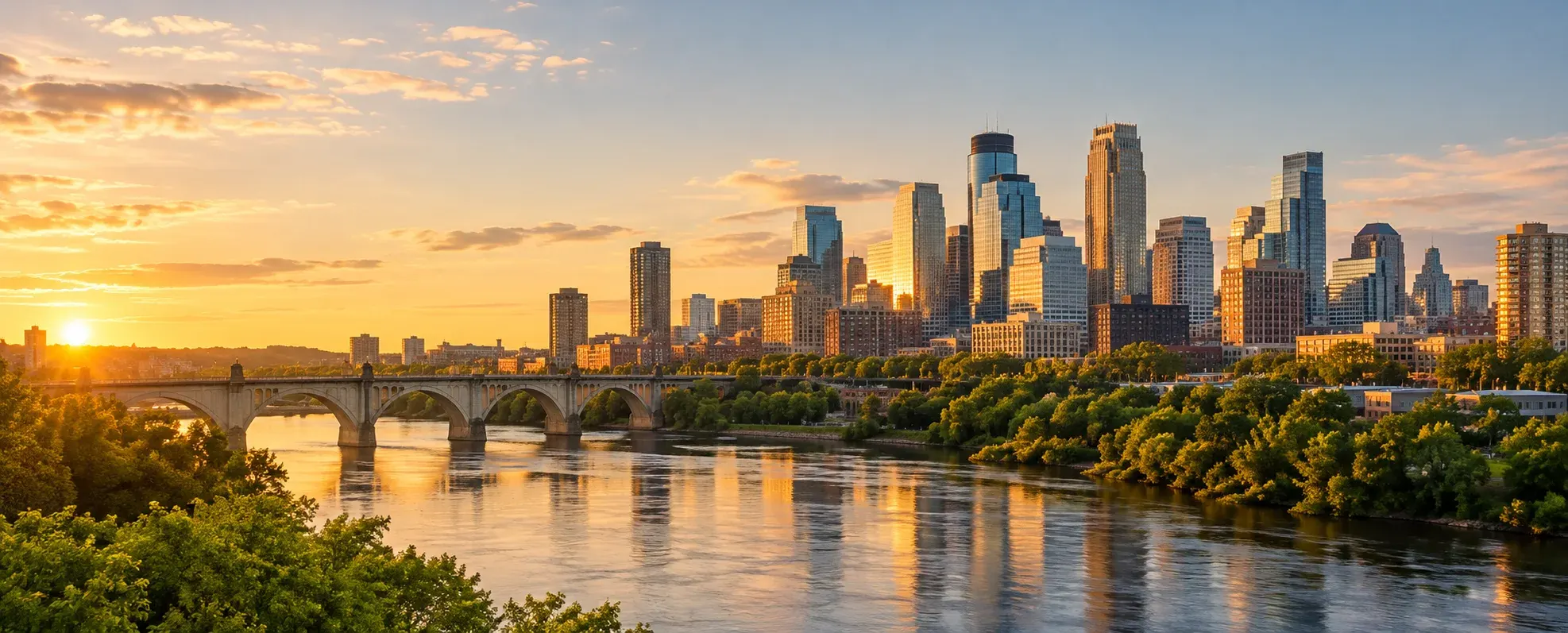Minneapolis skyline above the Mississippi River at sunset, where DevSolutionsAI provides AI services in Minneapolis