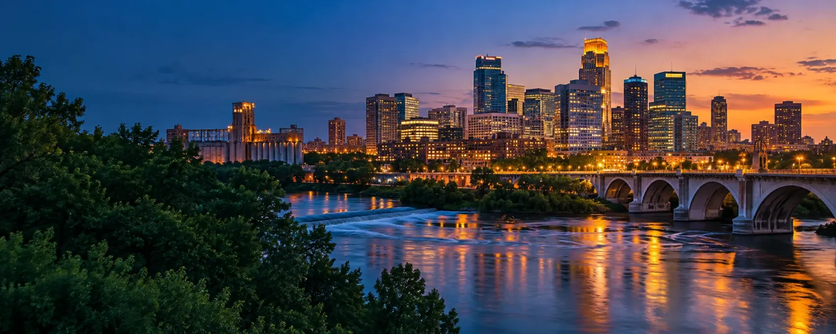 Minneapolis skyline at night over the river