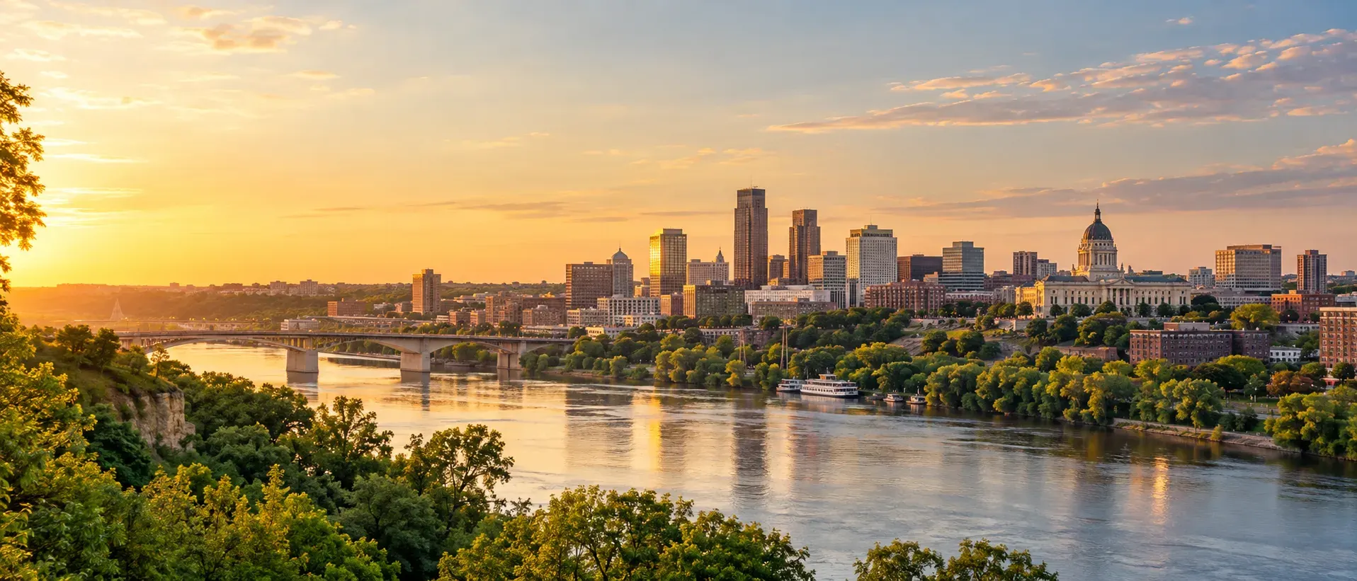Minnesota city skyline on the river at sunset, where DevSolutionsAI provides AI services in Minnesota