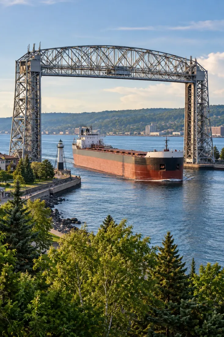 Ore ship passing under the Duluth lift bridge