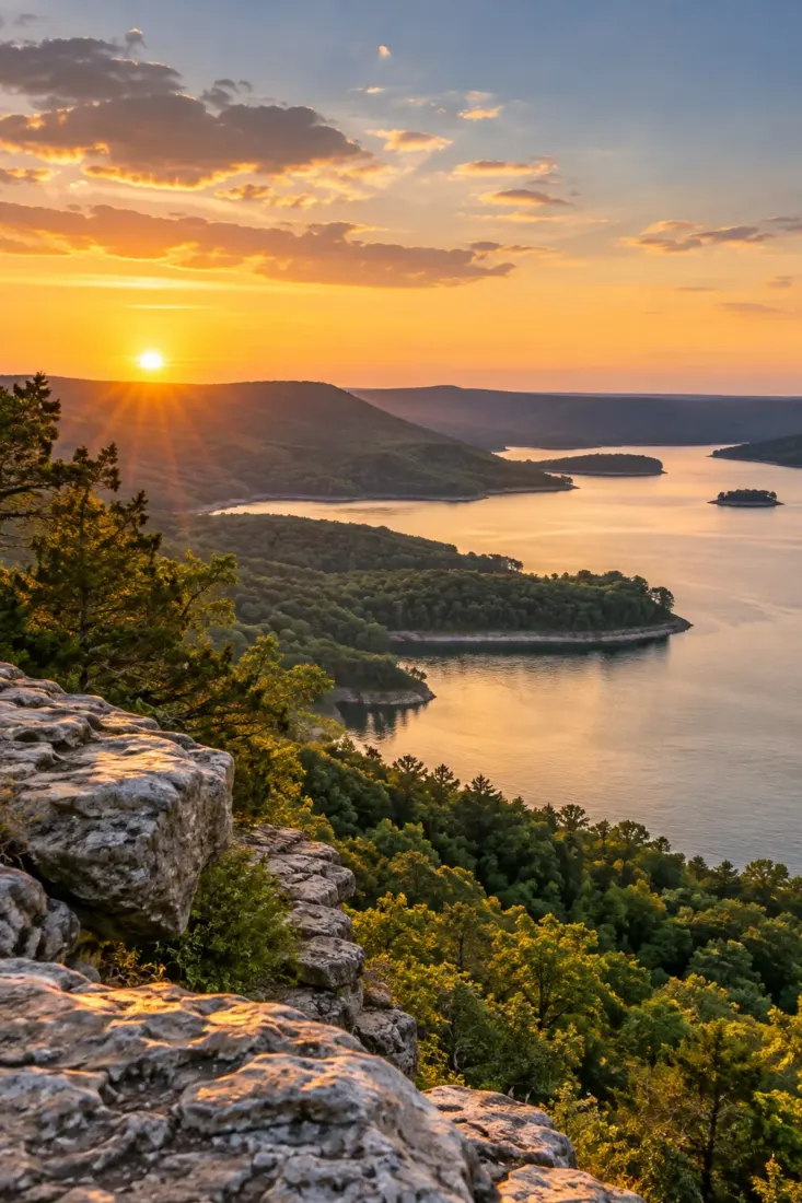 Ozark lake and bluffs at sunset