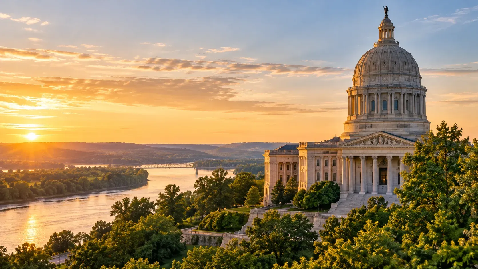 Missouri State Capitol on the river at sunset, where DevSolutionsAI provides AI services in Missouri