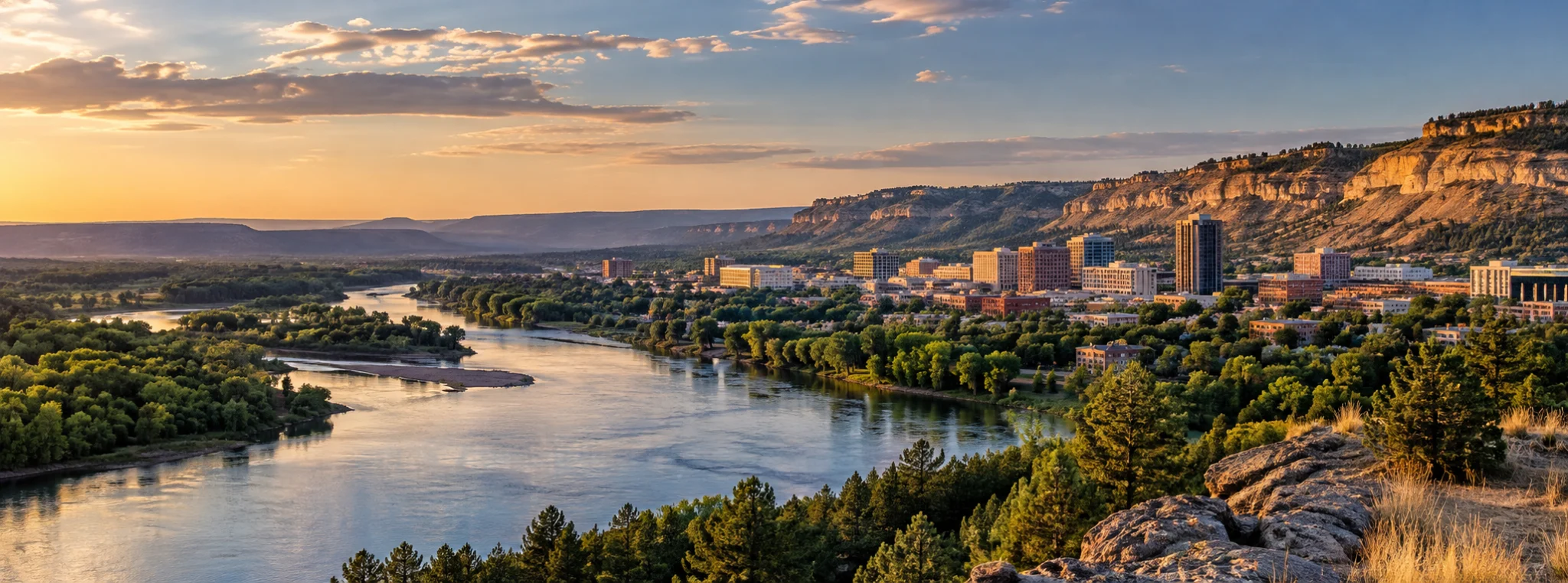 Billings below the rimrocks at sunset, where DevSolutionsAI provides AI services in Montana