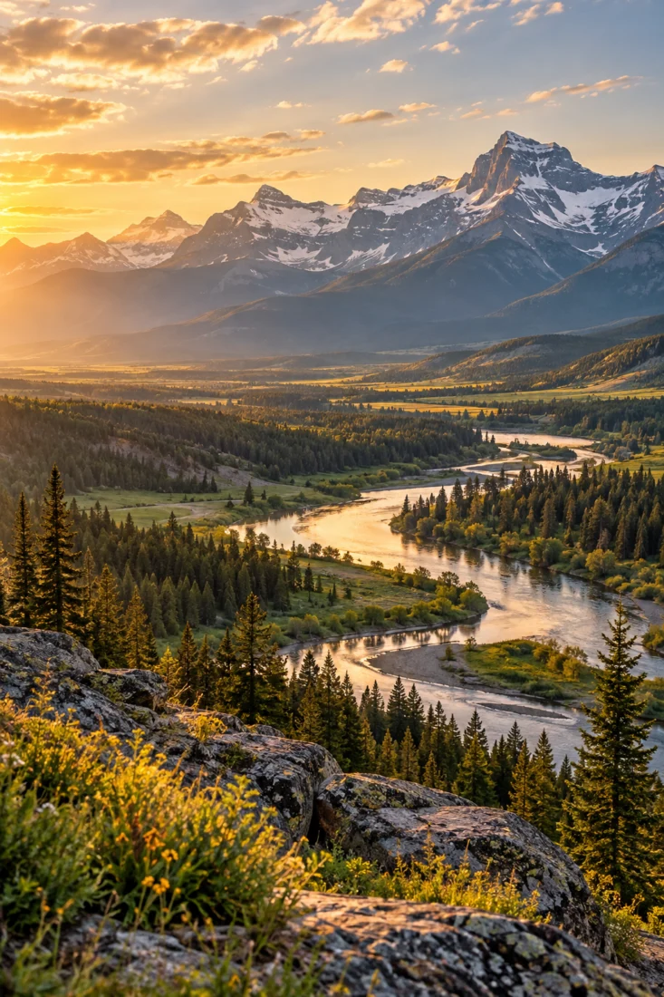 Montana river valley below rugged peaks