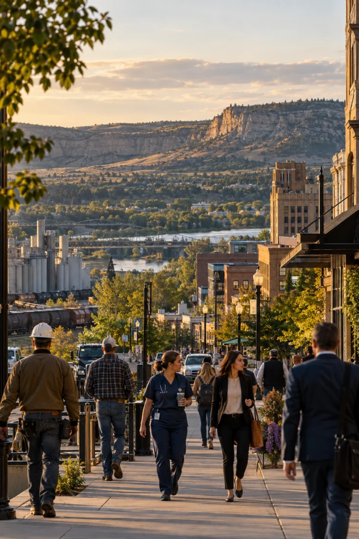 Workers walking a downtown Billings street