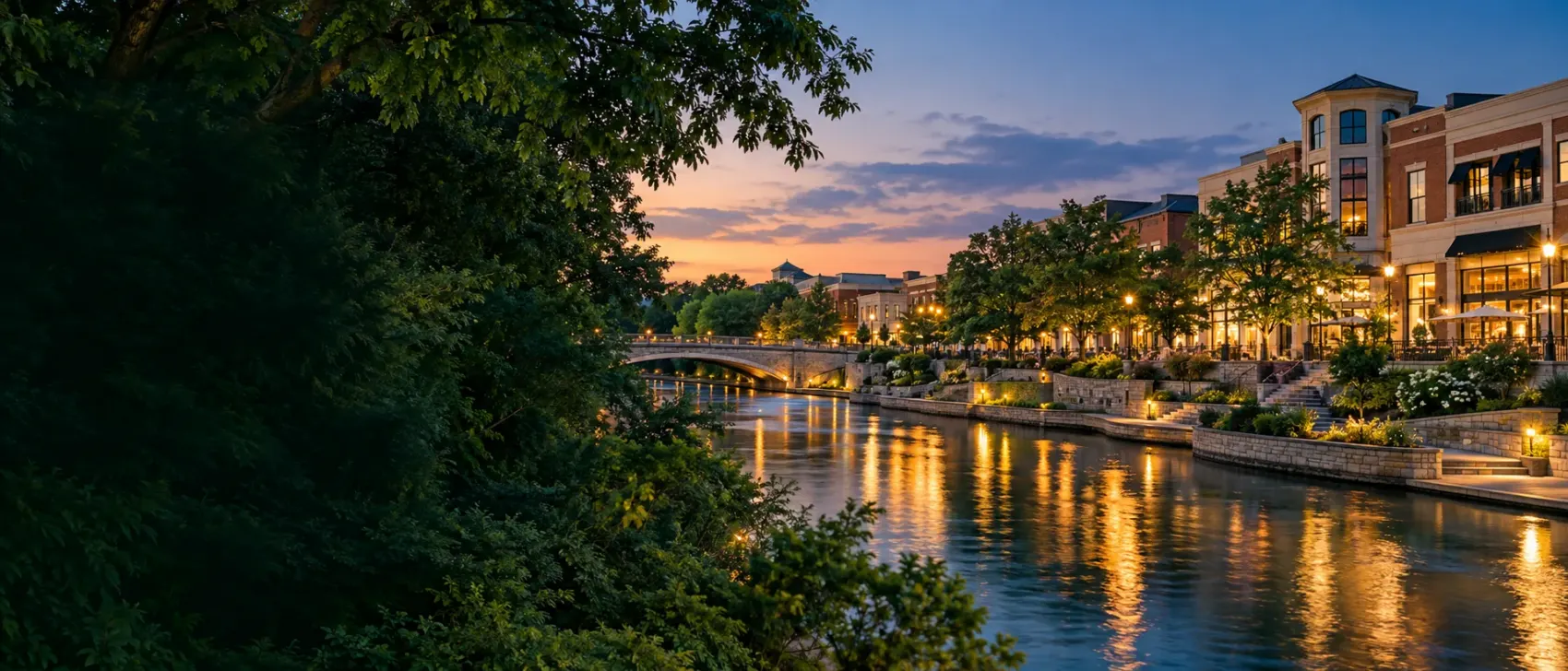 Naperville Riverwalk at dusk