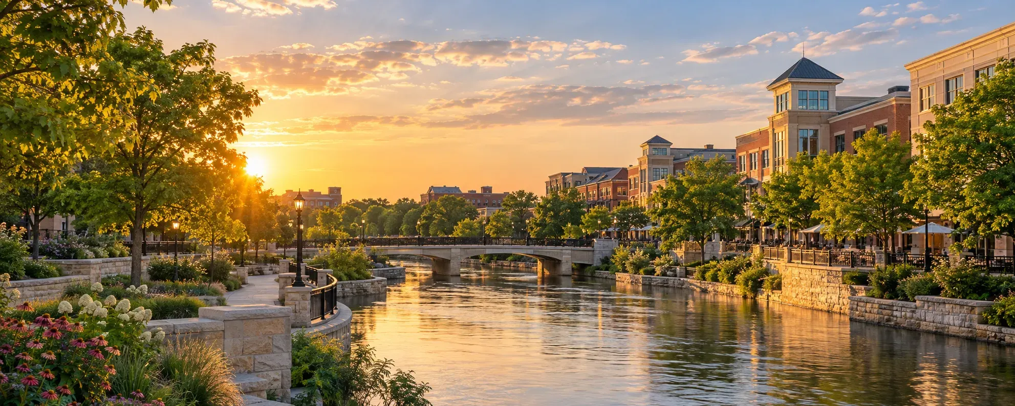 Naperville Riverwalk at sunset, where DevSolutionsAI provides AI services in Naperville