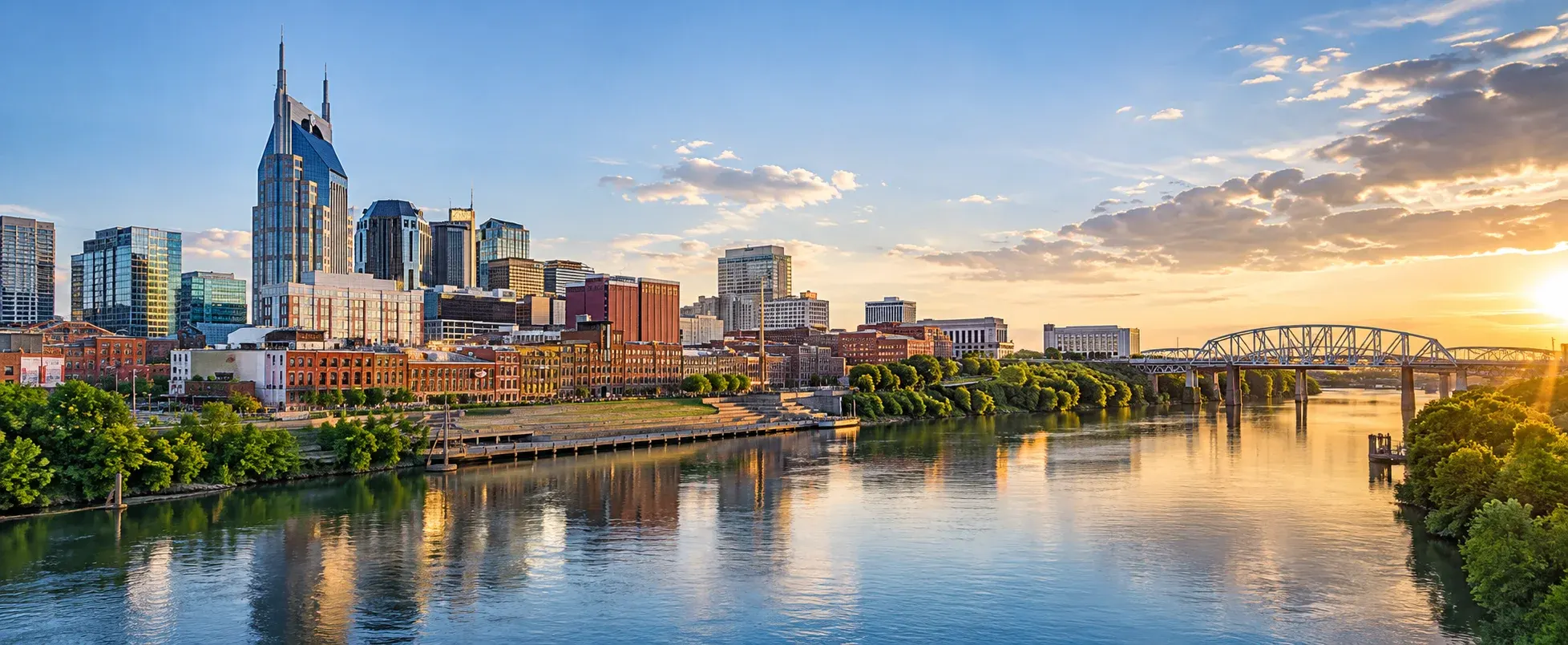 Nashville skyline along the Cumberland River, where DevSolutionsAI provides AI services in Nashville