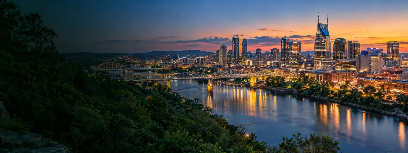 Nashville skyline at night over the river