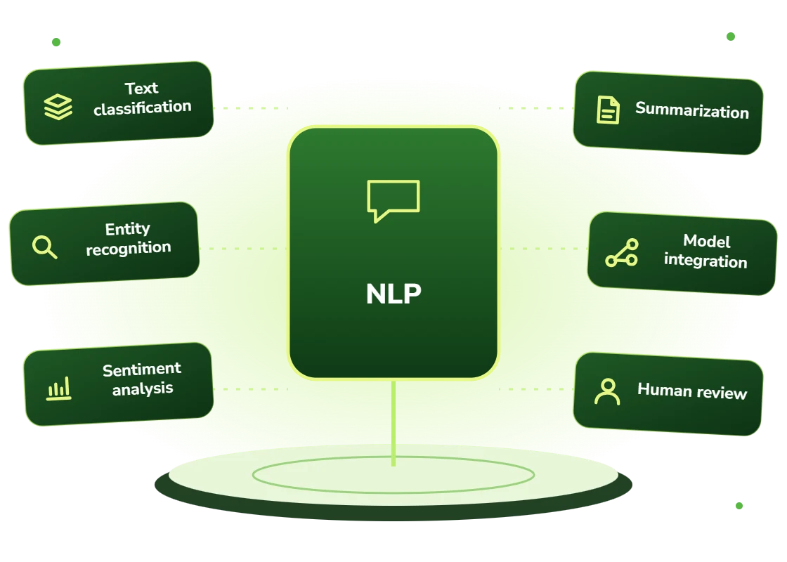 Natural language processing services: text classification, named entity recognition, sentiment analysis, summarization, model integration and review