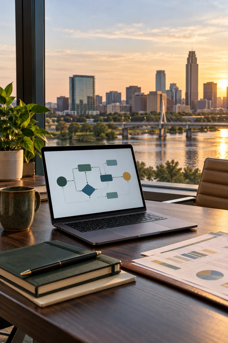 Laptop on a desk with an Omaha skyline view
