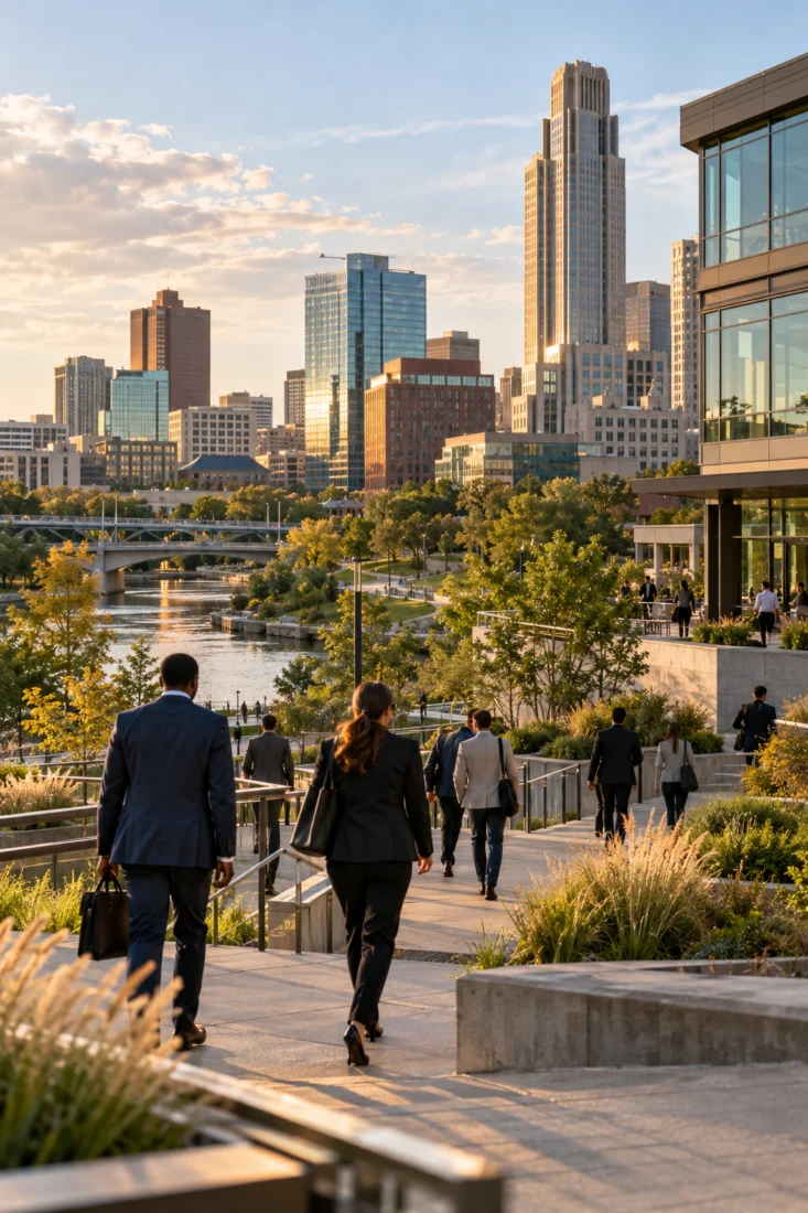 Office workers walking a riverside path in Omaha