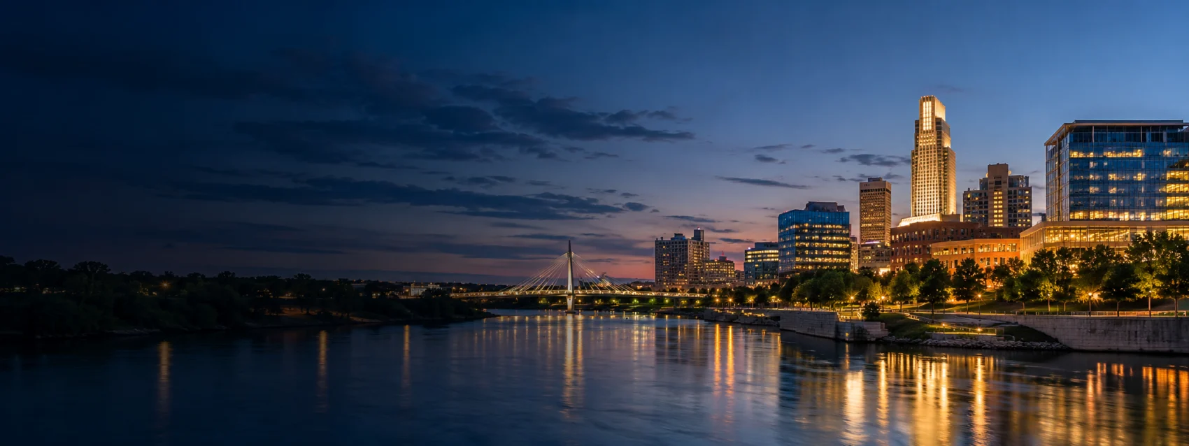 Omaha skyline lit at dusk