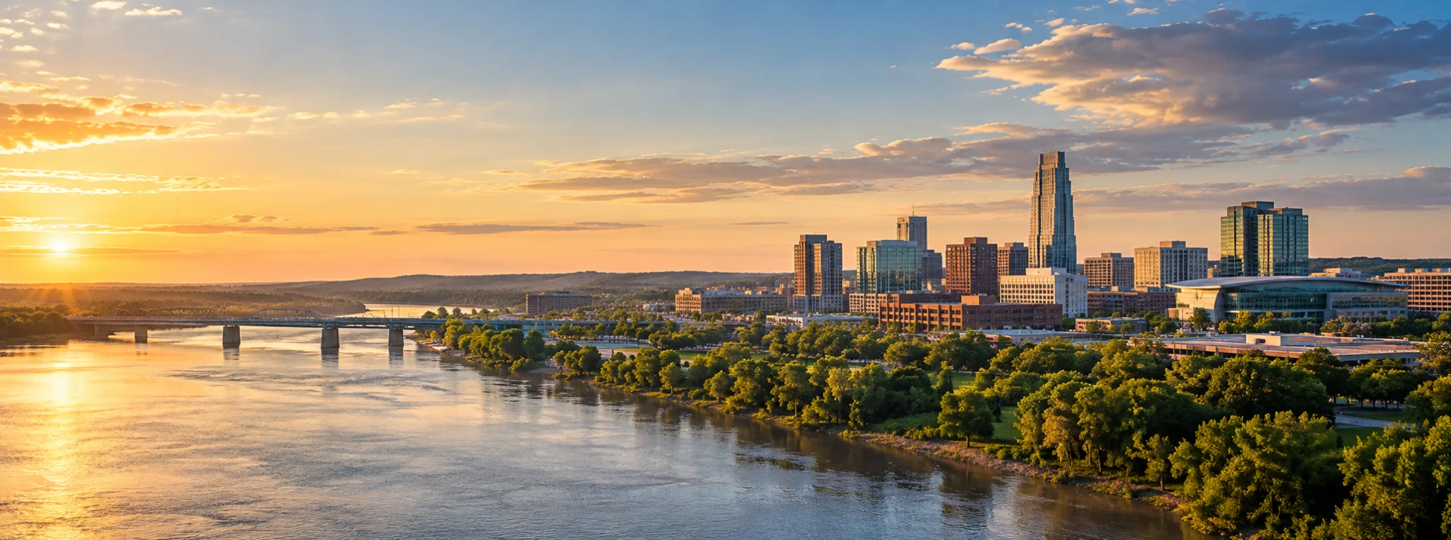 Omaha skyline along the Missouri River, where DevSolutionsAI provides AI services in Nebraska