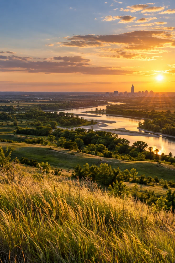 Platte River valley grasslands at sunset