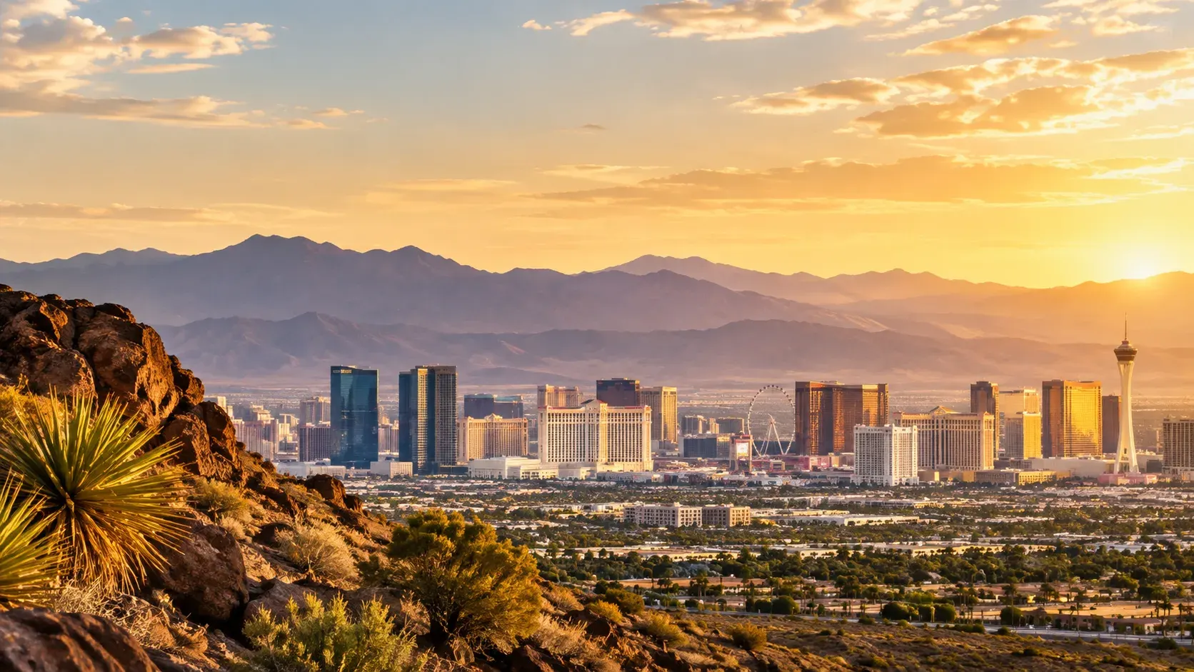 Nevada city skyline and desert mountains at sunset, where DevSolutionsAI provides AI services in Nevada
