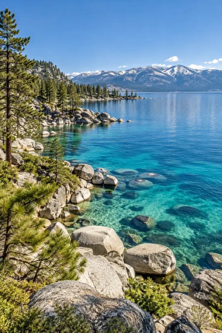 Clear water and pines at Lake Tahoe