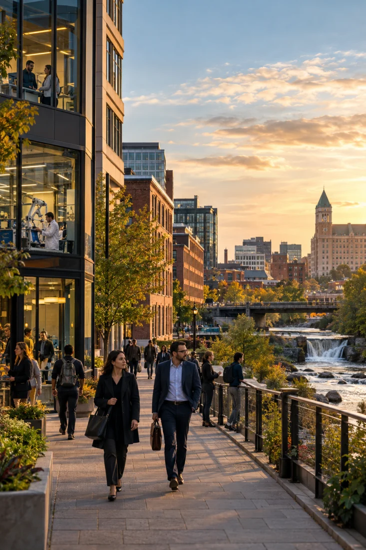 Workers walking past brick mills in Manchester