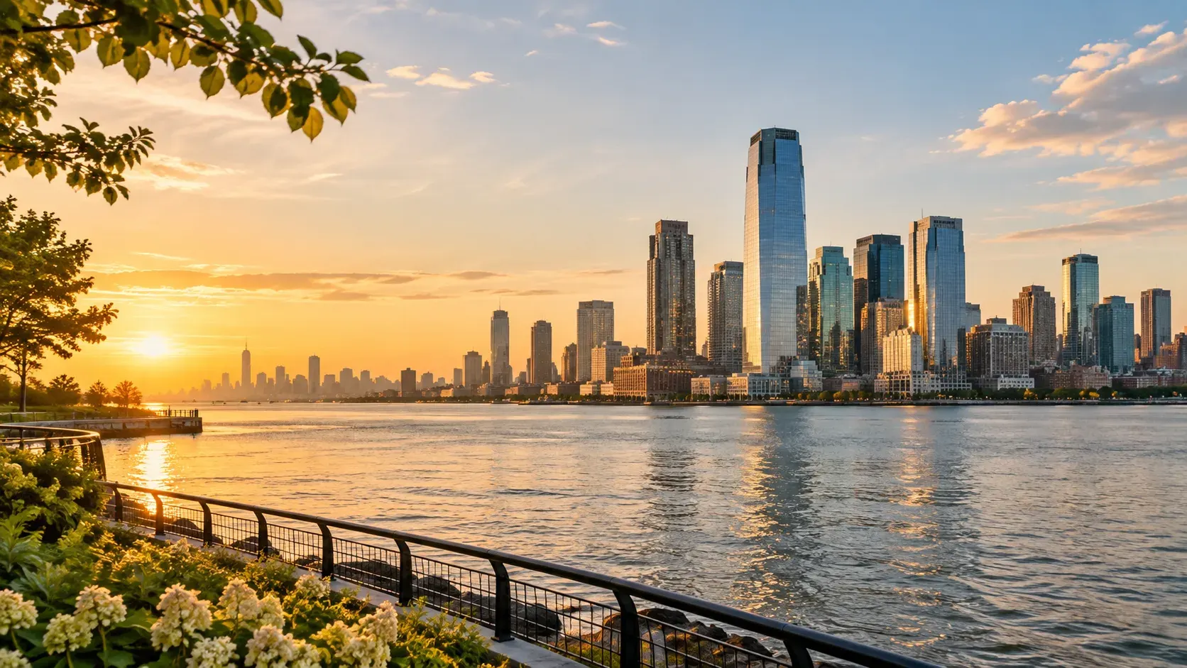 Jersey City waterfront skyline at sunset, where DevSolutionsAI provides AI services in New Jersey