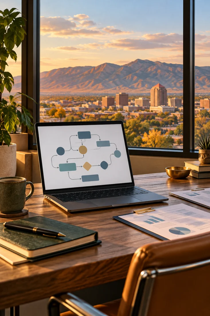 Laptop on a desk with a Sandia Mountains view