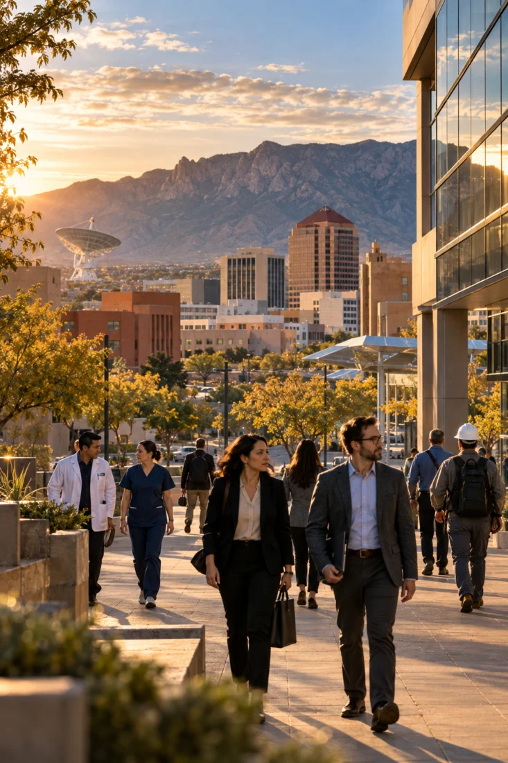Workers walking a downtown Albuquerque street