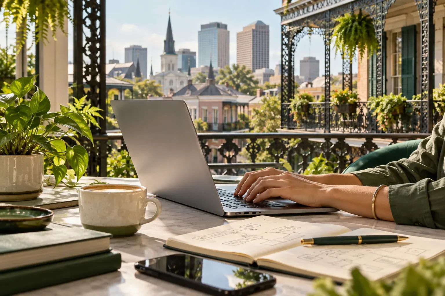 Laptop on a desk with a French Quarter balcony view