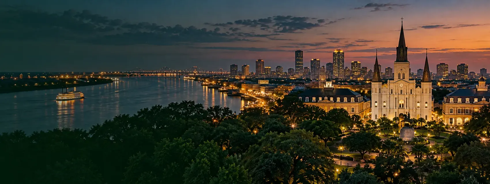 New Orleans skyline at night over the river