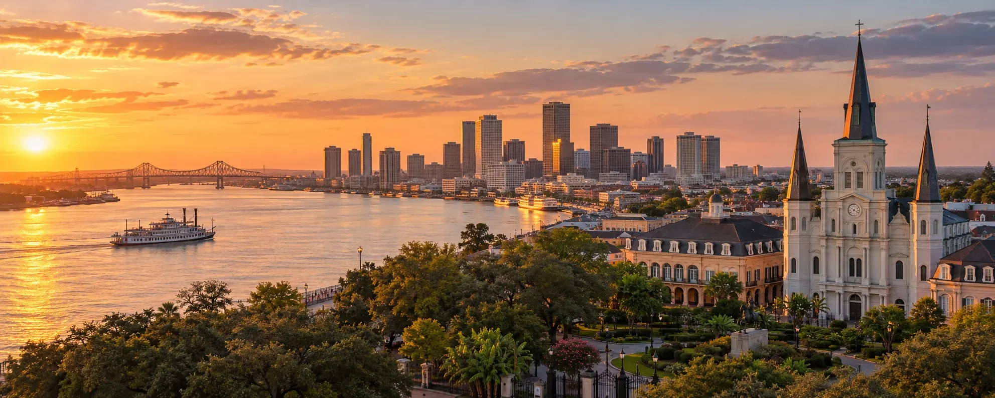 New Orleans skyline and St. Louis Cathedral on the Mississippi, where DevSolutionsAI provides AI services in New Orleans