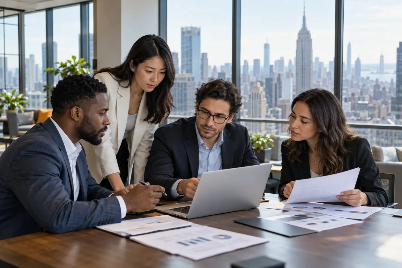 Business team reviewing documents at a laptop in a Manhattan office
