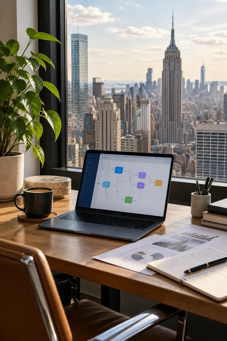 Laptop on a desk overlooking the Empire State Building