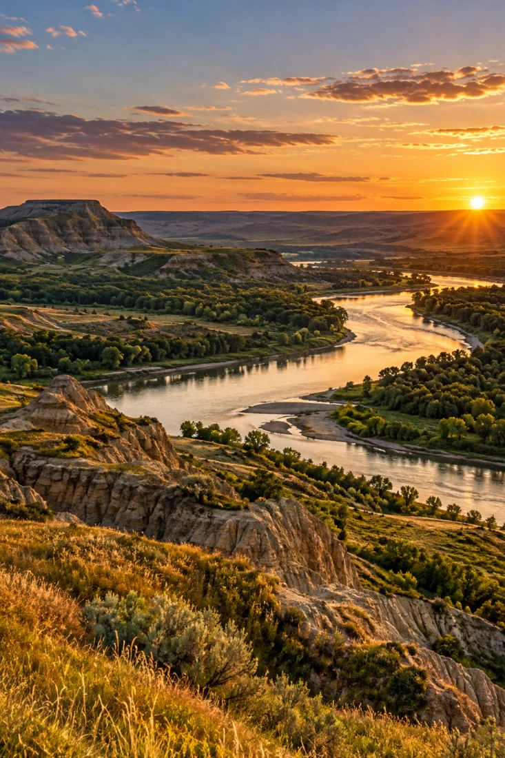 North Dakota badlands above the river at sunset