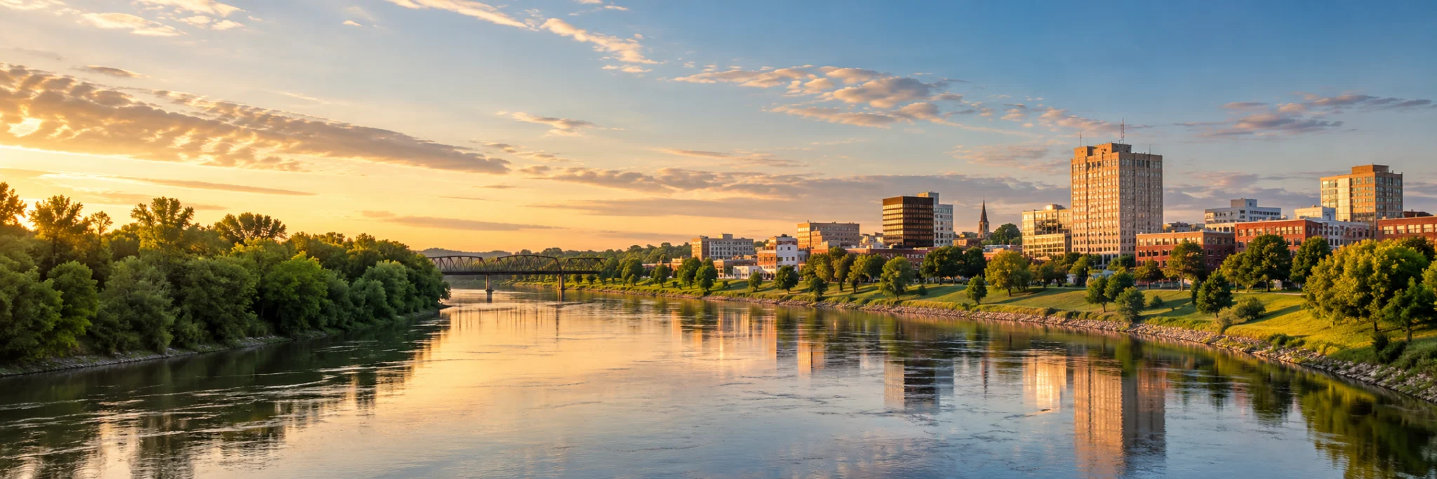 Fargo skyline on the Red River at sunset, where DevSolutionsAI provides AI services in North Dakota