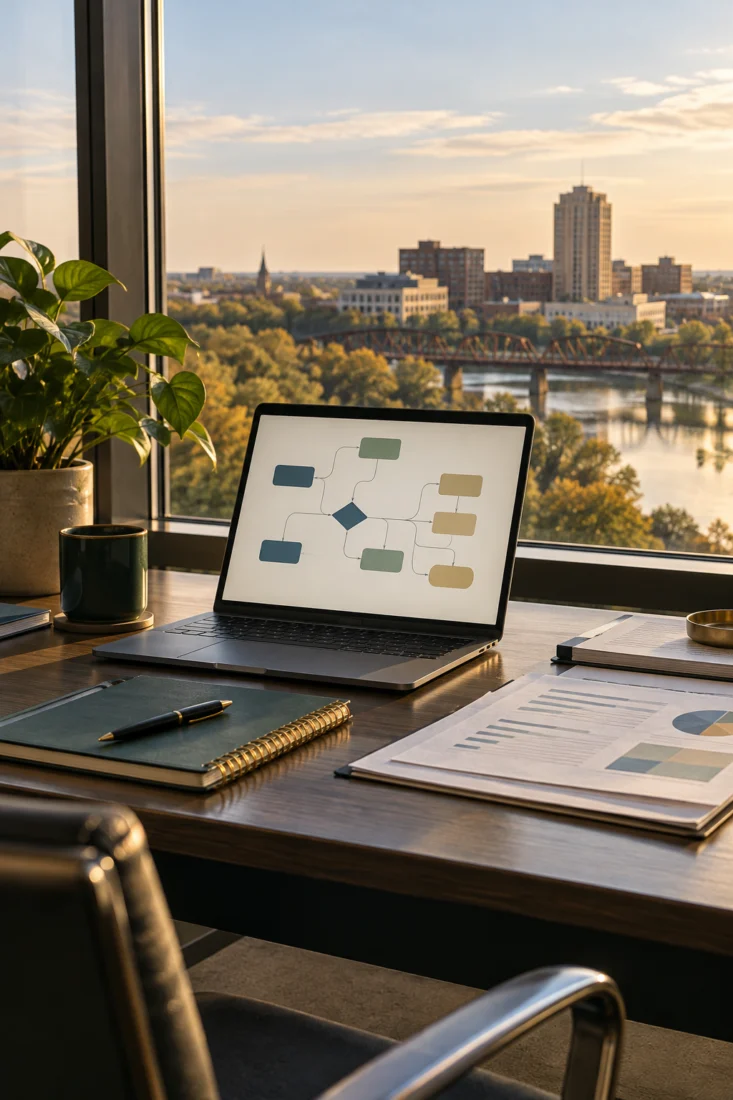 Laptop on a desk with a Fargo view