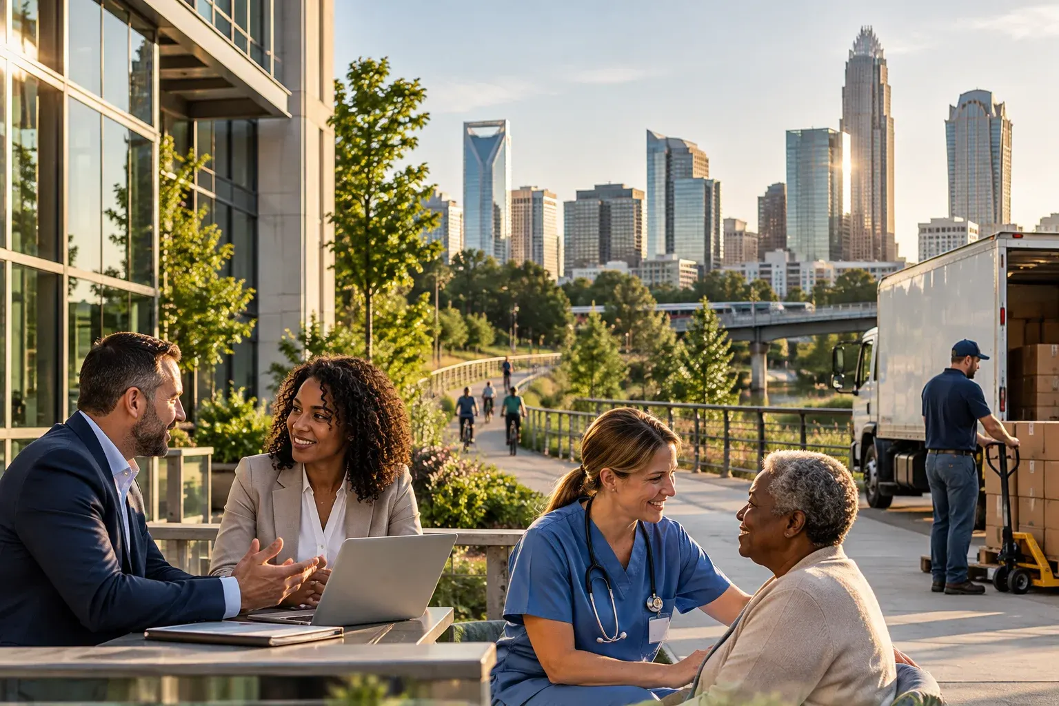 Office and healthcare workers on a Charlotte street