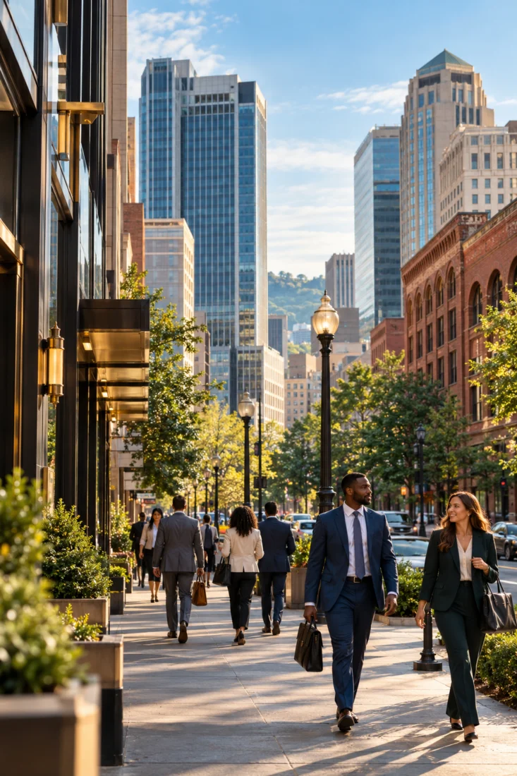 Office workers walking downtown in an Alabama city