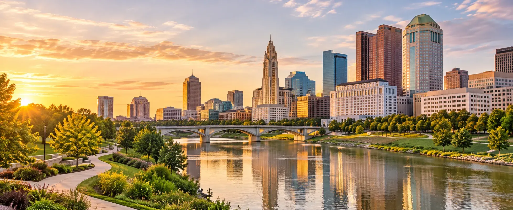 Ohio city skyline along the river at sunset, where DevSolutionsAI provides AI services in Ohio