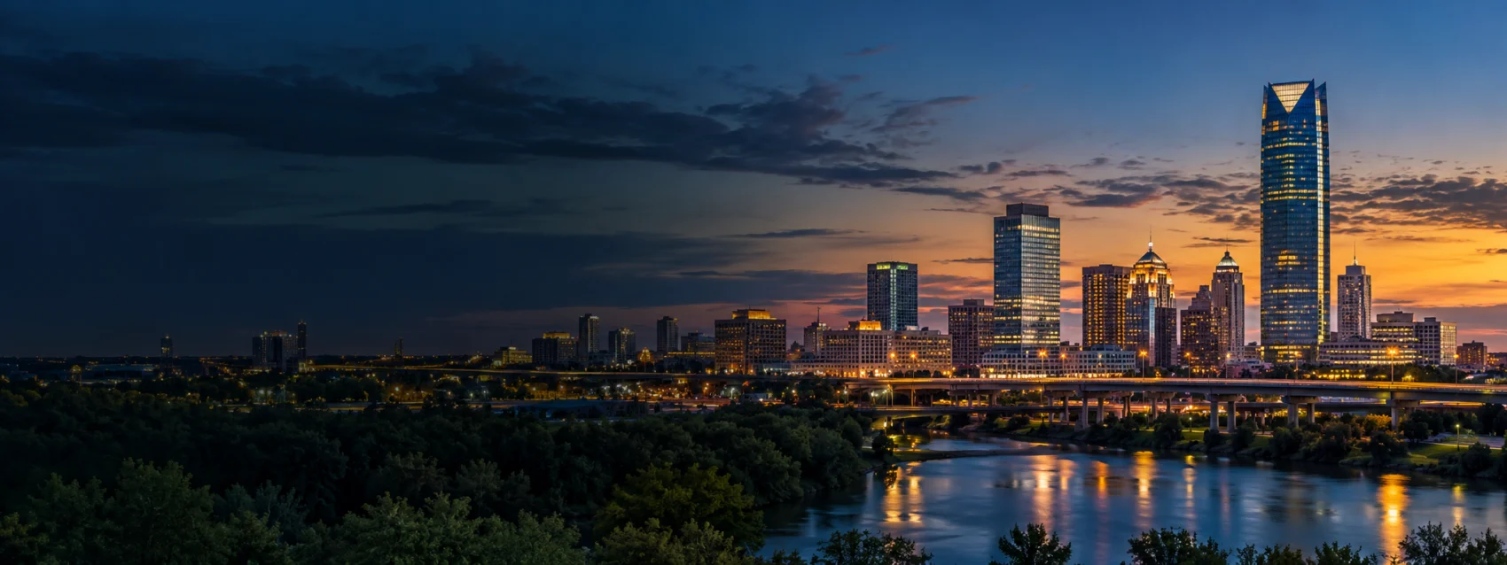 Oklahoma City skyline lit at dusk