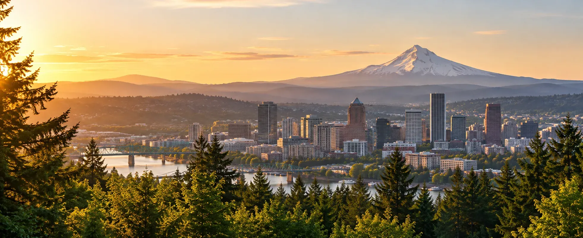 Oregon city skyline with Mount Hood at sunset, where DevSolutionsAI provides AI services in Oregon