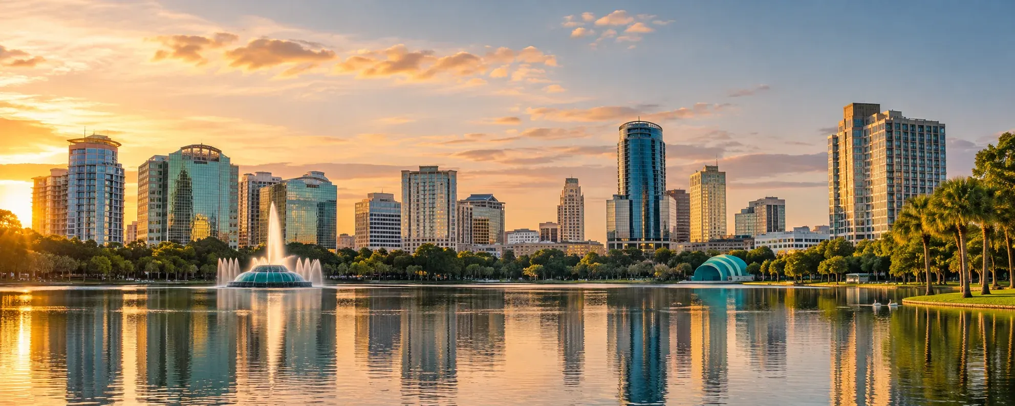 Orlando skyline above Lake Eola at sunset, where DevSolutionsAI provides AI services in Orlando